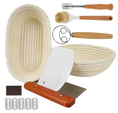 Productafbeelding van Broodbakset - Gistmand 23/25 cm - Rattan - Deegschraper - Linneninzetstuk - Deegmenger - Broodmes