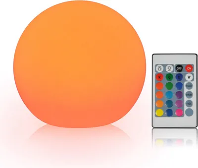 A round, orange LED light and a remote control are shown on a white background.