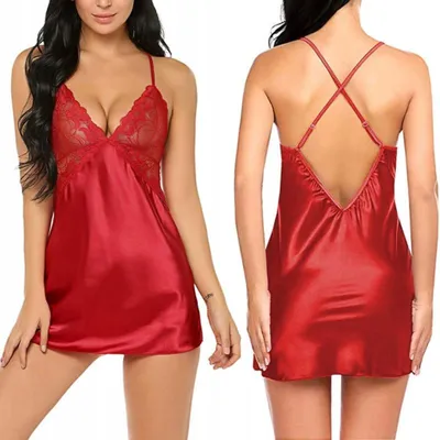 Zdjęcie produktu dla Babydoll - komplet bielizny - damski - satynowa koszulka nocna - koronka - czerwony - halka z majtkami