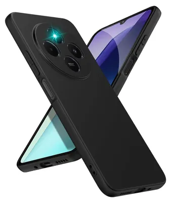 A black smartphone case is shown from a diagonal angle, with another phone visible in the background.