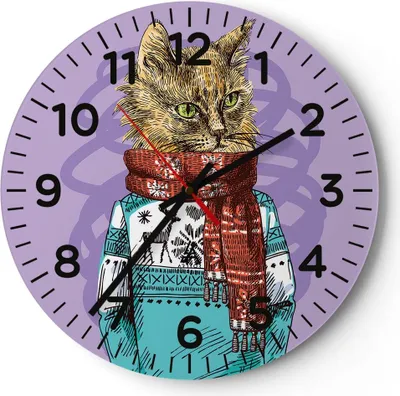 Produktbild von Wanduhr - Rund - Glasuhr - Katze Schal Illustration hipster - 40x40cm - Schleichendes Uhrwerk - Lautlos - zum Aufhängen bereit - Dekoration Modern - Wanddekoration aus Glas - C4AR40x40-3201