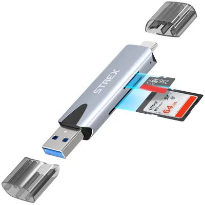 Productafbeelding van Strex Kaartlezer - Card Reader - USB 3.0/USB C - 2-In-1 - SD Kaart/TF Kaart - Geheugenkaartlezer