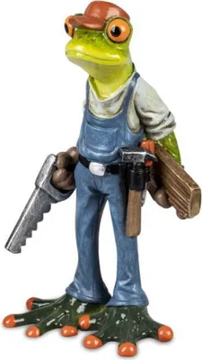 Eine Figur eines Frosches, der als Zimmerer verkleidet ist. Die Figur ist humorvoll und detailreich.