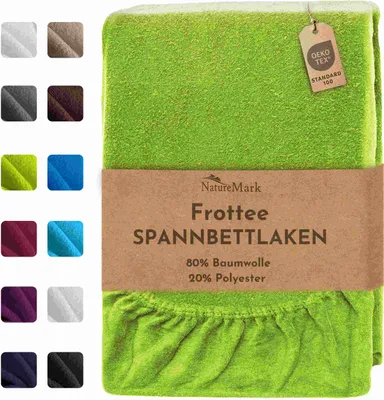 A folded green fitted sheet is displayed with a swatch of other colors to the left. A brown paper band wraps around the middle of the sheet with product information printed on it.