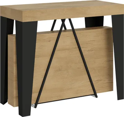 A console table with a wooden top and black metal legs, shown in a folded or compact state.