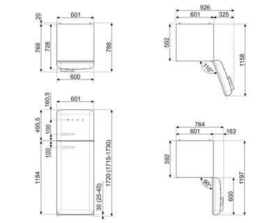 Technical drawings and dimensions of a refrigerator.