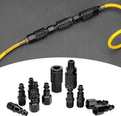 Zdjęcie produktu dla Zestaw 12 sztuk złączy i wtyczek powietrznych 1/4'' NPT, zestaw szybkozłączy przemysłowych typu D, zestaw złączek do węży sprężarek powietrza (czarny)