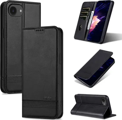 Immagine prodotto di Custodia in pelle per iPhone 16e, custodia pieghevole a portafoglio con chiusura magnetica e supporto nero