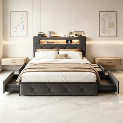 Produktbild von INONEFT Polsterbett 160 x 200 cm, Doppelbett mit LED und USB, Jugendbett mit 4 Schubladen, Stauraumbett, Erwachsenenbett, Samt, Grau