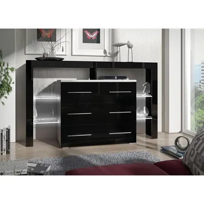 Image de Commode avec tiroirs et éclairage LED CLANE 2 – blanc / noir brillant