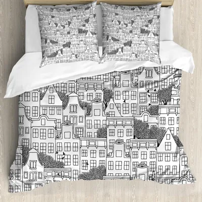 Produktbild von ABAKUHAUS Städtisch Bettbezug Set, Moderne Illustration Der Europäischen Art Gebäude Beschäftigten Lebenskizze Bild, 200 x 200 cm + 80 x 80 cm, Weiß Schwarz