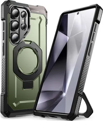 Produktbild von Supcase, Hülle für Samsung S25 Ultra, stoßfest, MagSafe-Ring und Video-Stütze, Dunkelgrün
