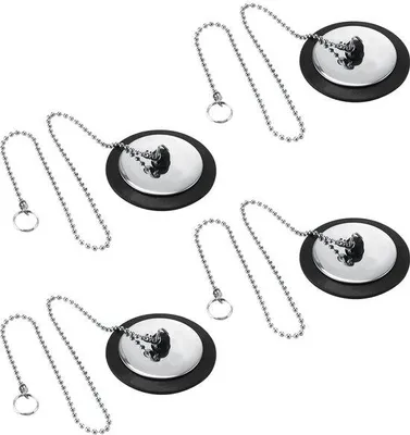 Image de Ensemble de 4 bouchons en caoutchouc avec chaîne – Universel, diamètre 42–45 mm, en caoutchouc et en acier inoxydable, pour lavabos et éviers (cuisine et salle de bain)
