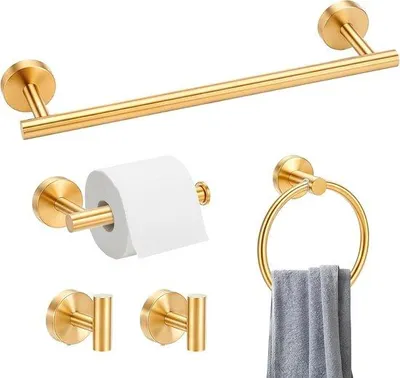 Productafbeelding van Badkamerbeslagset, 5-delig, handdoekstangen, goudkleurig, van roestvrij staal, wandaccessoireset, 40 cm, handdoekstang