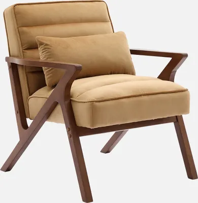 A camel-colored velvet armchair with a wooden frame, shown against a light gray background.
