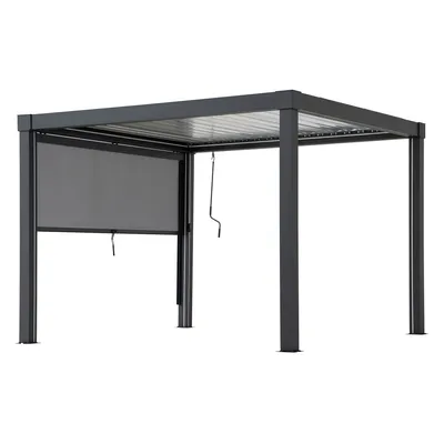 A gray pergola structure with a retractable screen on one side and a crank mechanism visible.