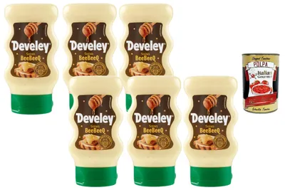 Produktbild von Develey Italian Gourmet BeeBeeQ Sauce mit Honig & Senf 6×250 ml – würzig-süße Grillsauce für BBQ, Burger, Hot Dogs, Chicken, Marinaden & Dips, Vorteilspack + Italian Gourmet Polpa