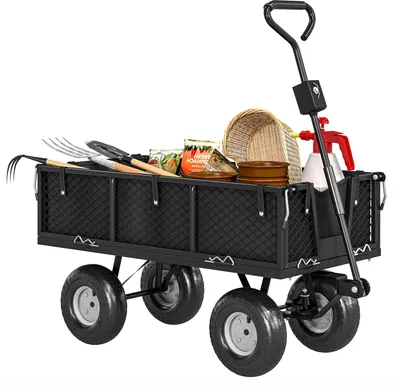 Image de Outsunny Chariot de jardin 300 Kg, chariot de transport chariot à roulettes avec bâche amovible et poignée rotative à 180°, chariot remorque avec parois rabattables et pneus gonflables 25 cm, noir