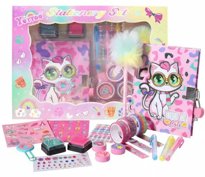 Imagen del producto de Set de papelería "Gatos Creativos" con cuaderno y sellos