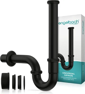 Produktbild von Engelbach® Siphon Waschbecken extra Lang 200mm 1 1/4 inkl. Gummimanschette, Schwarz