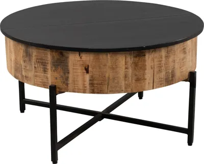 A round coffee table with a wooden base and a black top, shown on a white background.