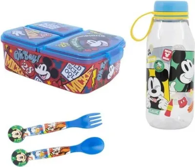 Produktbild von Disney Mickey Maus 4 tlg Lunch Set Brotdose Trinkflasche Löffel Gabel