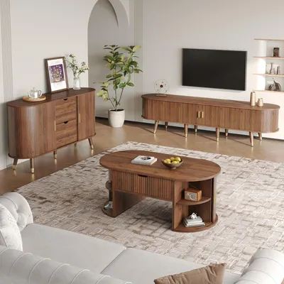 Produktbild von Merax Wohnzimmerset 3-teilig mit TV Schrank, Couchtisch und Sideboard, Couchtisch mit Hubfunktion, Lowboard Set mit Schiebetüren aus MDF, Nussbaum