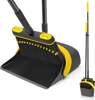Image de JEHONN Balai Pelle Set Manche long 138 cm Rotation 180 degrés Camping Balayette Intérieur Pelle Auvent Maison Bureau Terrasse Noir Jaune