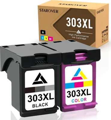 Two ink cartridges and a product box are shown against a white background.