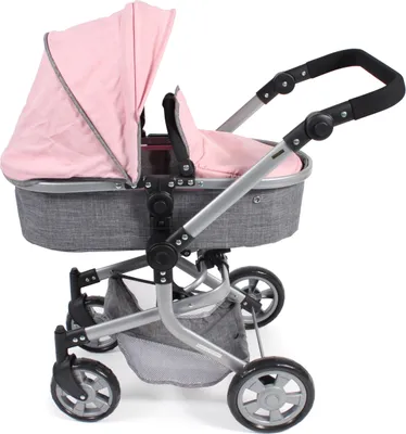A pink and gray doll stroller is shown against a white background.