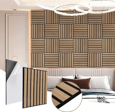 Immagine prodotto di Ikodm, 12 pannelli acustici da 30x30 cm, pannelli decorativi per interni, pannelli in legno per pareti, pannelli fonoassorbenti autoadesivi, parete a lamelle bianco-noce su feltro