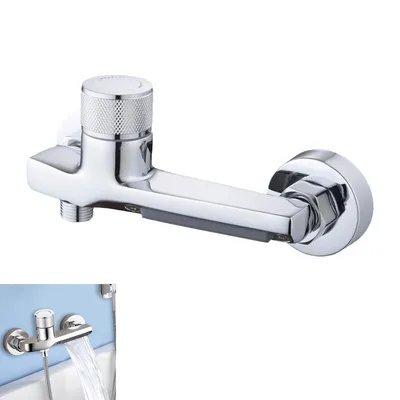 A chrome-finished bathtub faucet with a shower thermostat and two outlets, shown against a white background. A smaller inset image shows the faucet in use, with water flowing from it into a bathtub.