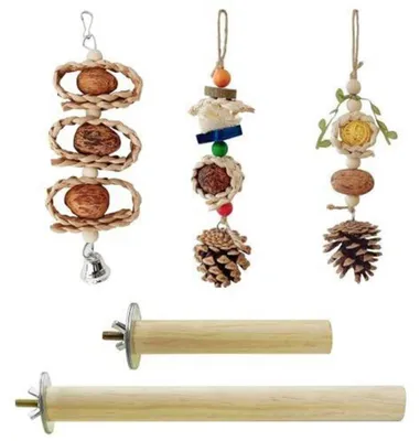 Produktbild von Vogelspielzeug Set 5 Stück Kauspielzeug & Sitzstangen für Papageien & Sittiche Naturholz