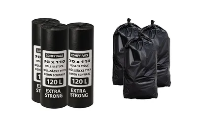 Produktbild von 3 Rollen Müllsäcke Typ 70 – 70×110 cm – 120 Liter – Extra Strong – 3 Rollen à 15 Stück (45 Stück) – LDPE – Beton Schwarz – Reißfest & Durchstoßfest
