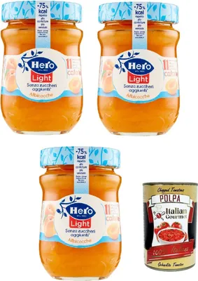 Produktbild von Hero Light Konfitüre Leichte Brotaufstriche Aprikosen, Extra-Marmelade und Konfitüre mit hochwertigen Früchten, ohne Zuckerzusatz und sehr wenig Kalorien 3x 280 g + Italian Gourmet polpa 400g