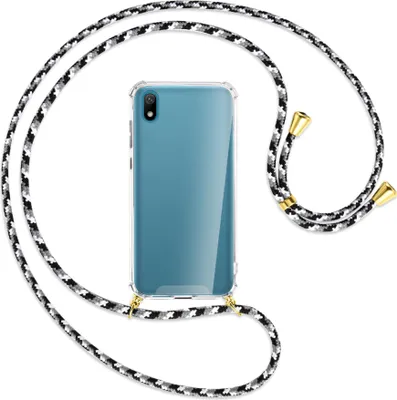 Produktbild von Handykette Backcover-Schutzhülle mit Band (Metall goldfarben) für Huawei Y5 2019 - schwarz/grau/weiß