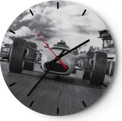 Produktbild von Wanduhr - Rund - Glasuhr - Formel 1 Schwarz und Weiß - 30x30cm - Schleichendes Uhrwerk - Lautlos - zum Aufhängen bereit - Dekoration Modern - Wanddekoration aus Glas - C3AR30x30-4127