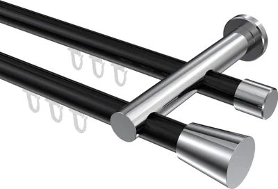 Produktbild von Interdeco Innenlaufstange / Gardinenstange mit Innenlauf Schwarz / Chrom, Typ Platon Sitra (Konus), 20 mm Ø 2-läufig, 420 cm
