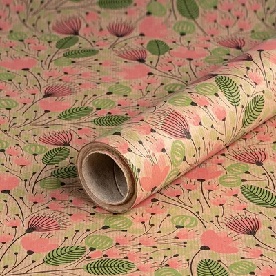 Immagine prodotto di Carta da regalo Foglie e infiorescenze, rosa, verde 0,70 x 10 m, carta kraft - Compleanno