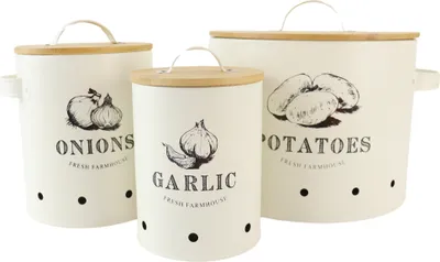 Produktbild von OTIX Vorratsbehälter mit Deckel Beige Set von 3 Knoblauchtopf Zwiebeltopf Kartoffelbox aus Metall