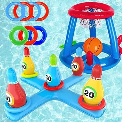 Produktbild von Aufblasbares Pool-Basketball-Spielzeug, Bowling-Kreuz-Wurf-Set, Schwimmring und Strandball-Wurfspiele, Sommerparty-Spaß, Wasserballspiel für Kinder und Erwachsene