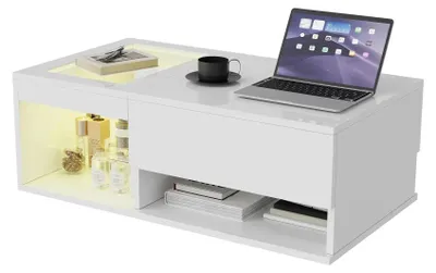 Image de Table basse pour salon - Table basse relevable - Avec espace de rangement - Éclairage LED - Vitrine en verre - 100x55x35 cm - Blanc brillant