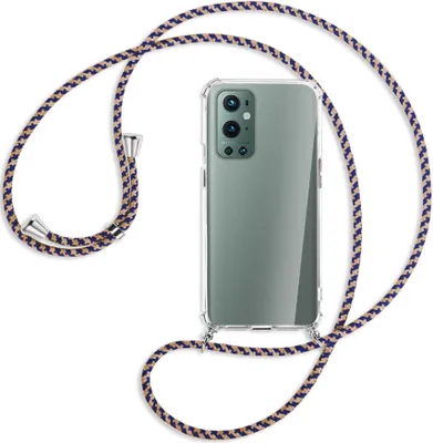 Produktbild von Handykette Backcover-Schutzhülle mit Band (Metall silberfarben) für OnePlus 9 Pro - blau+beige