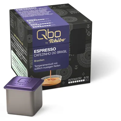 Produktbild von Tchibo Qbo Espresso Cafezinho do Brasil Premium Kaffeekapseln, 8 Stück (Espresso, Intensität 8/10, temperamentvoll & nussig), nachhaltig & aus 70% nachwachsenden Rohstoffen¹