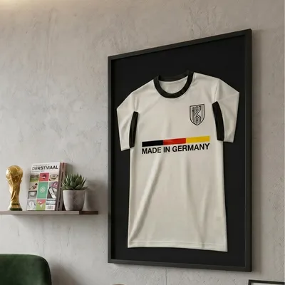 Produktbild von K-Möbel Echtholz Trikot Rahmen Schwarz 70x100 cm - Germany - Trikot Vitrine mit schwarzem Hintergrund und breitem Rahmen - Tiefer Bilderrahmen - Bilderrahmen zum befüllen groß - Trikotvitrine