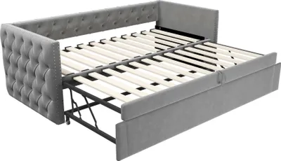 Produktbild von Merax Polsterbett Tagesbett Ausziehbar 90x200cm aus Samt, Kinderbett mit Knopf-Design und Metallrahmen, Einzelbett mit Lattenrost, Gästezimmer, Hellgrau