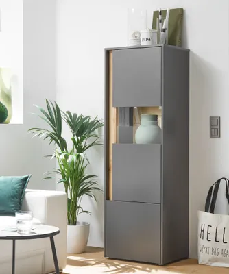 Produktbild von Beleuchteter Vitrinenschrank CRISP-61 in anthrazit mit Absetzungen in Wotan Eiche Nb., B/H/T: ca. 50/155/40 cm