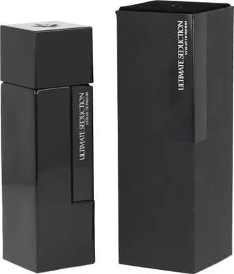 A black perfume bottle and its packaging are displayed against a white background.