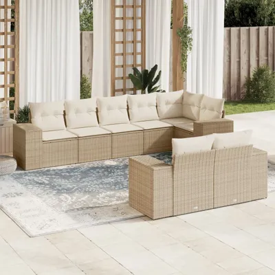 Produktbild von Design 8-tlg. Garten-Sofagarnitur mit Kissen Beige Poly Rattan, Gartenmöbel-Sets 2024 Neu