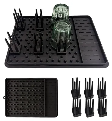 Image de Grand tapis de séchage en silicone (41 x 30 cm) avec picots amovibles, antidérapant, résistant à la chaleur, peu encombrant – Noir